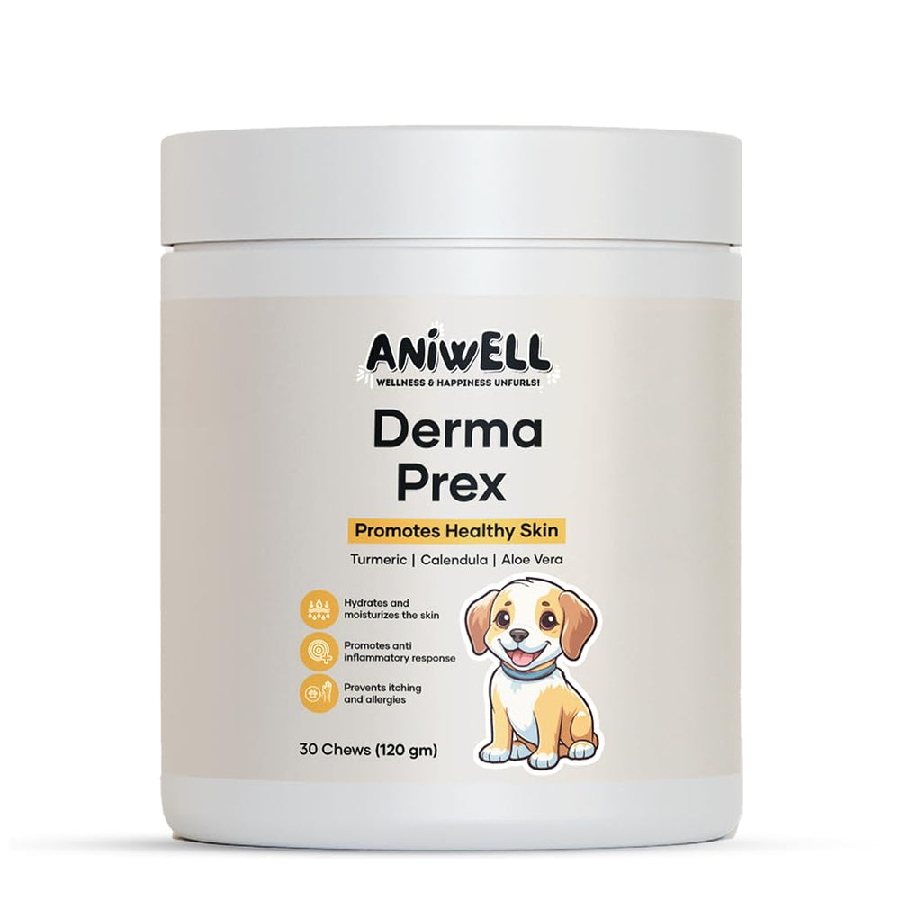 Aniwell DermaPrex Anchovy Oil bottle promotes healthy skin and a shiny coat.