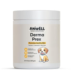 Aniwell DermaPrex Anchovy Oil bottle promotes healthy skin and a shiny coat.