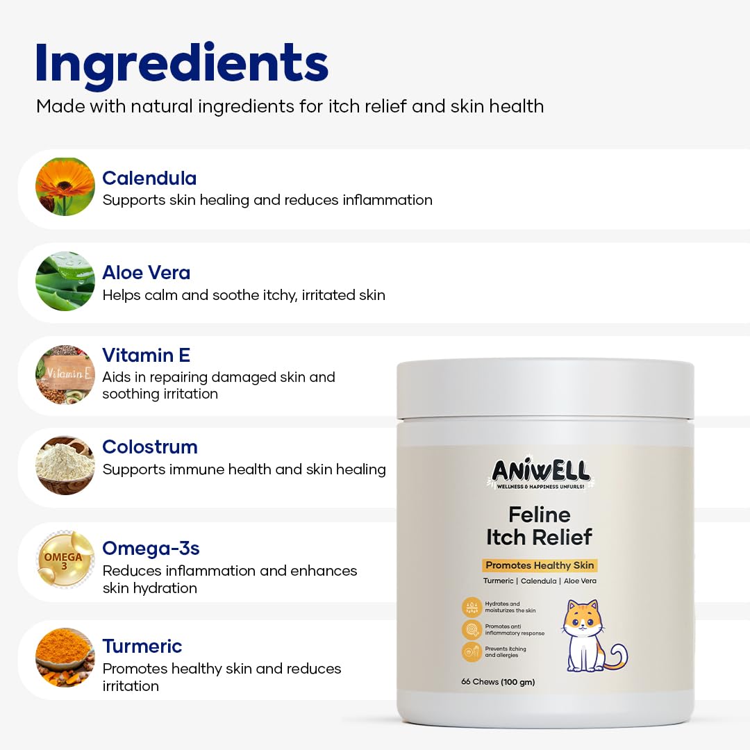 Aniwell Feline Itch Relief colostrum bottle showing immune-ready formula for skin care.