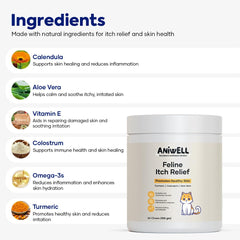 Aniwell Feline Itch Relief colostrum bottle showing immune-ready formula for skin care.