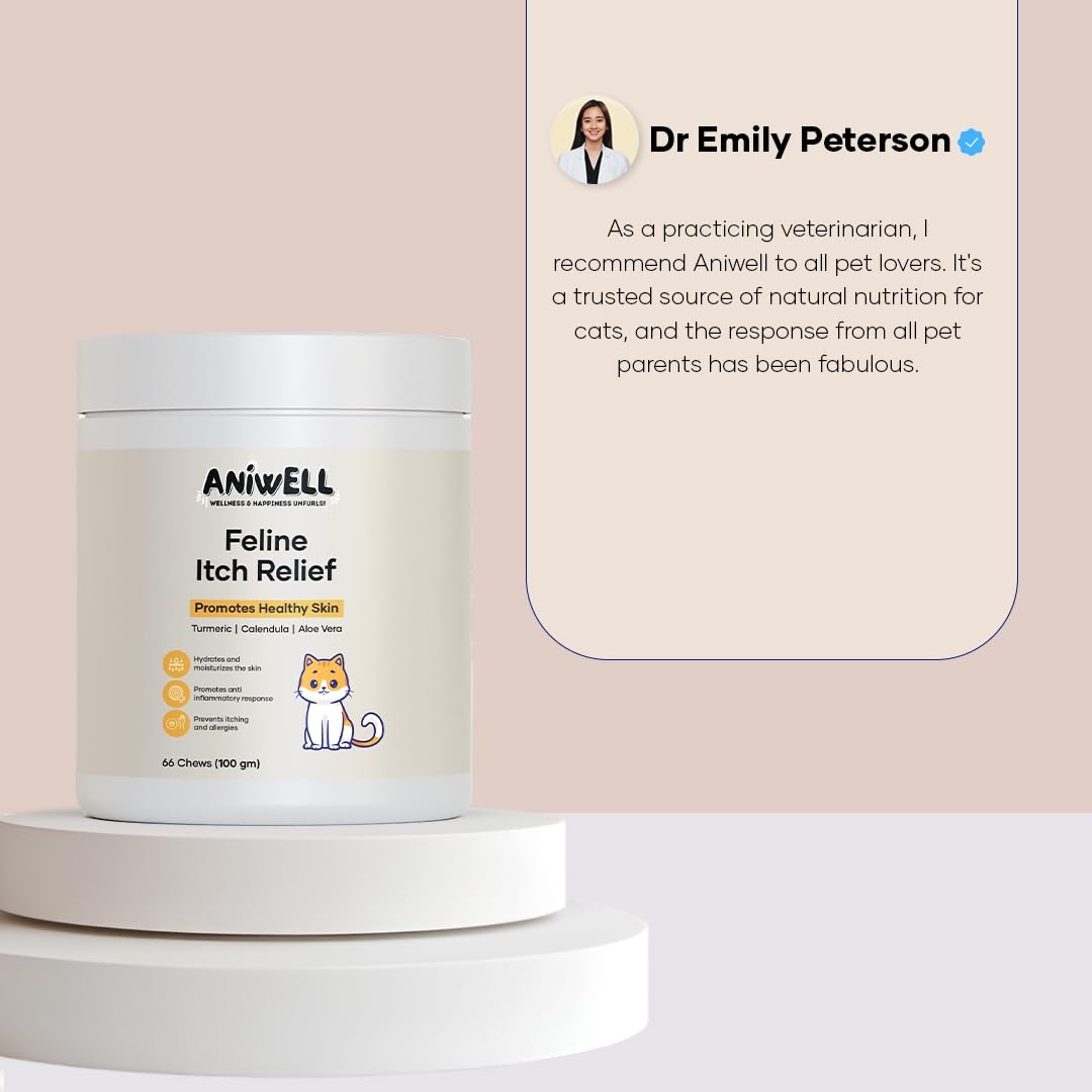 Aniwell Feline Itch Relief with turmeric, quercetin, astragalus for antioxidant support.