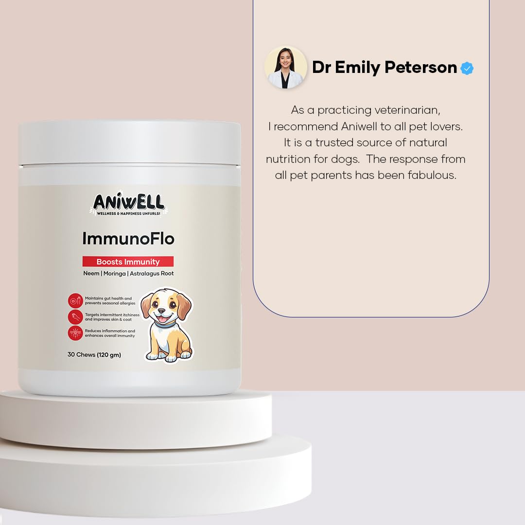 Aniwell ImmunoFlo coating shine suggesting skin nourishment for dogs.
