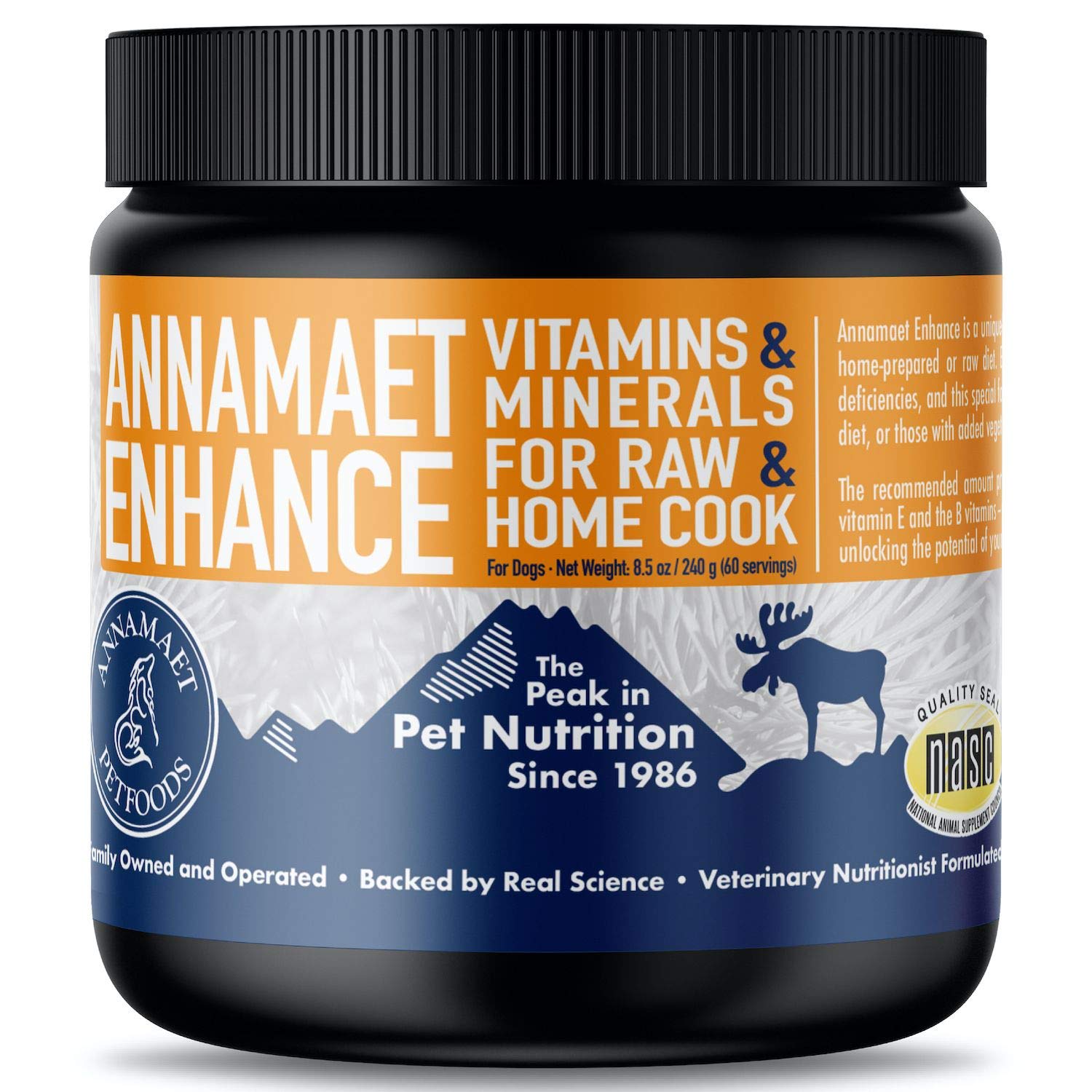 Annamaet Enhance bottle label showing NASC seal and product details for pets