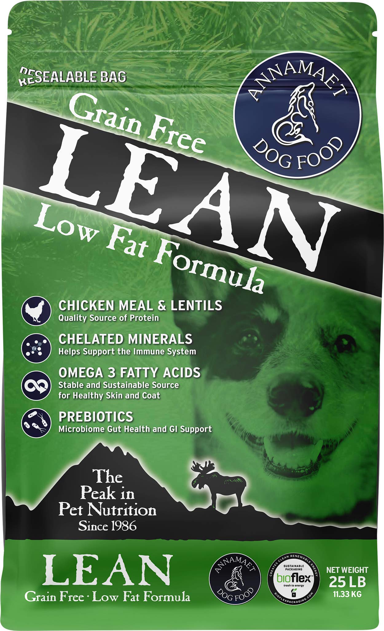 Annamaet Lean bag front showing grain-free formula for weight-conscious dogs