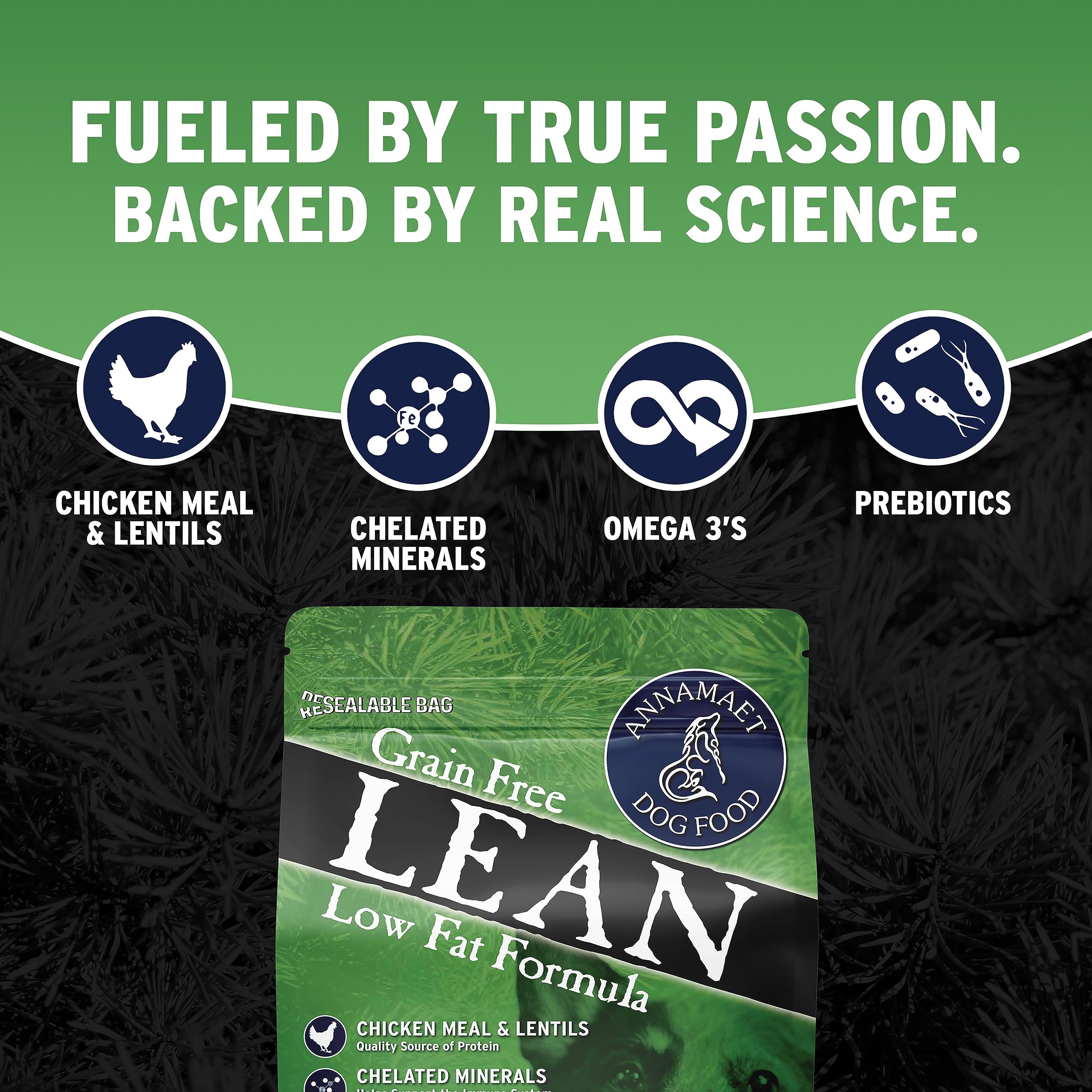 Annamaet Lean grain-free formula bag emphasizes sustainability and small-batch production