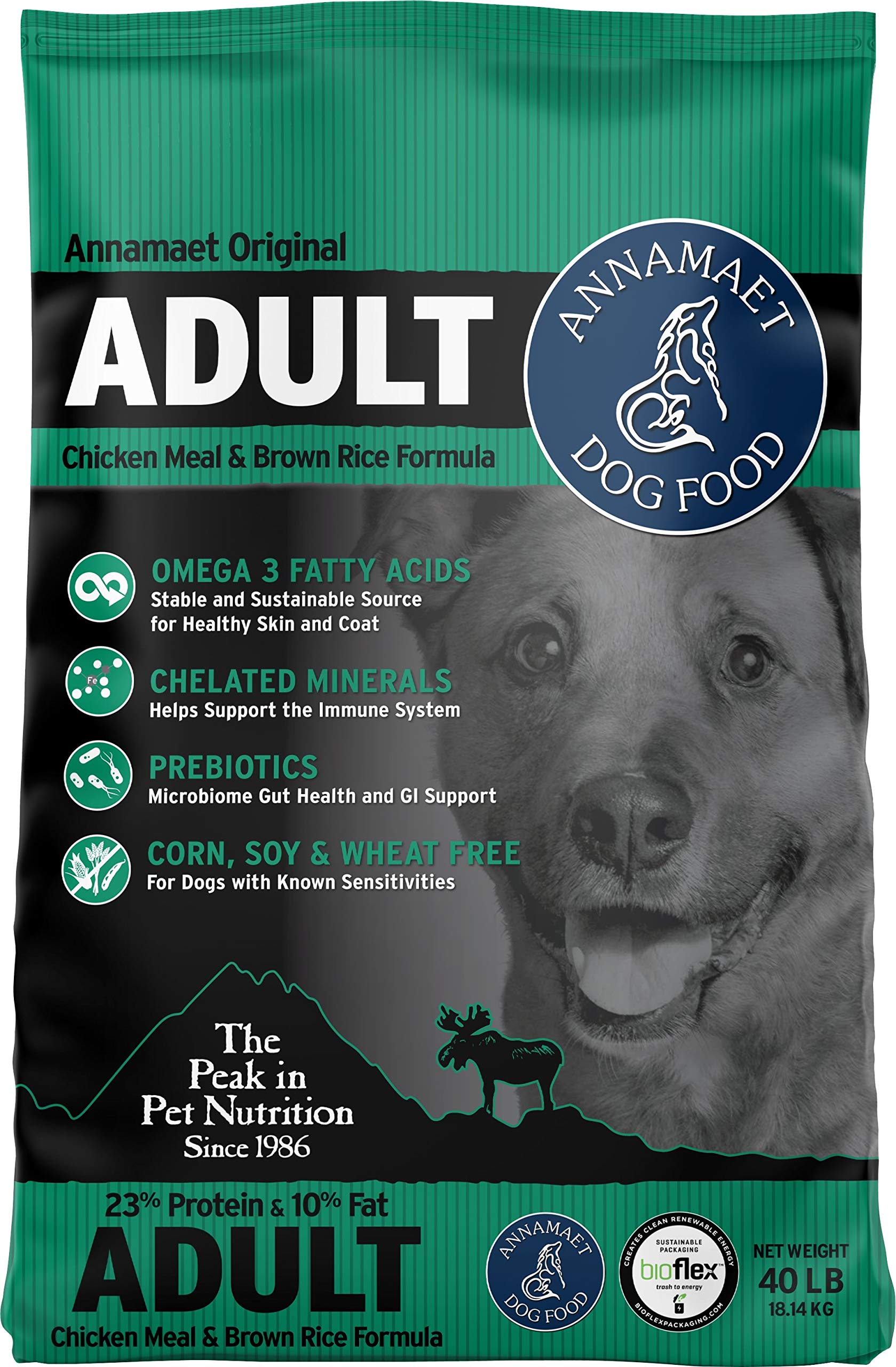 Annamaet Original Adult bag front view, highlighting premium chicken and brown rice formula for older dogs
