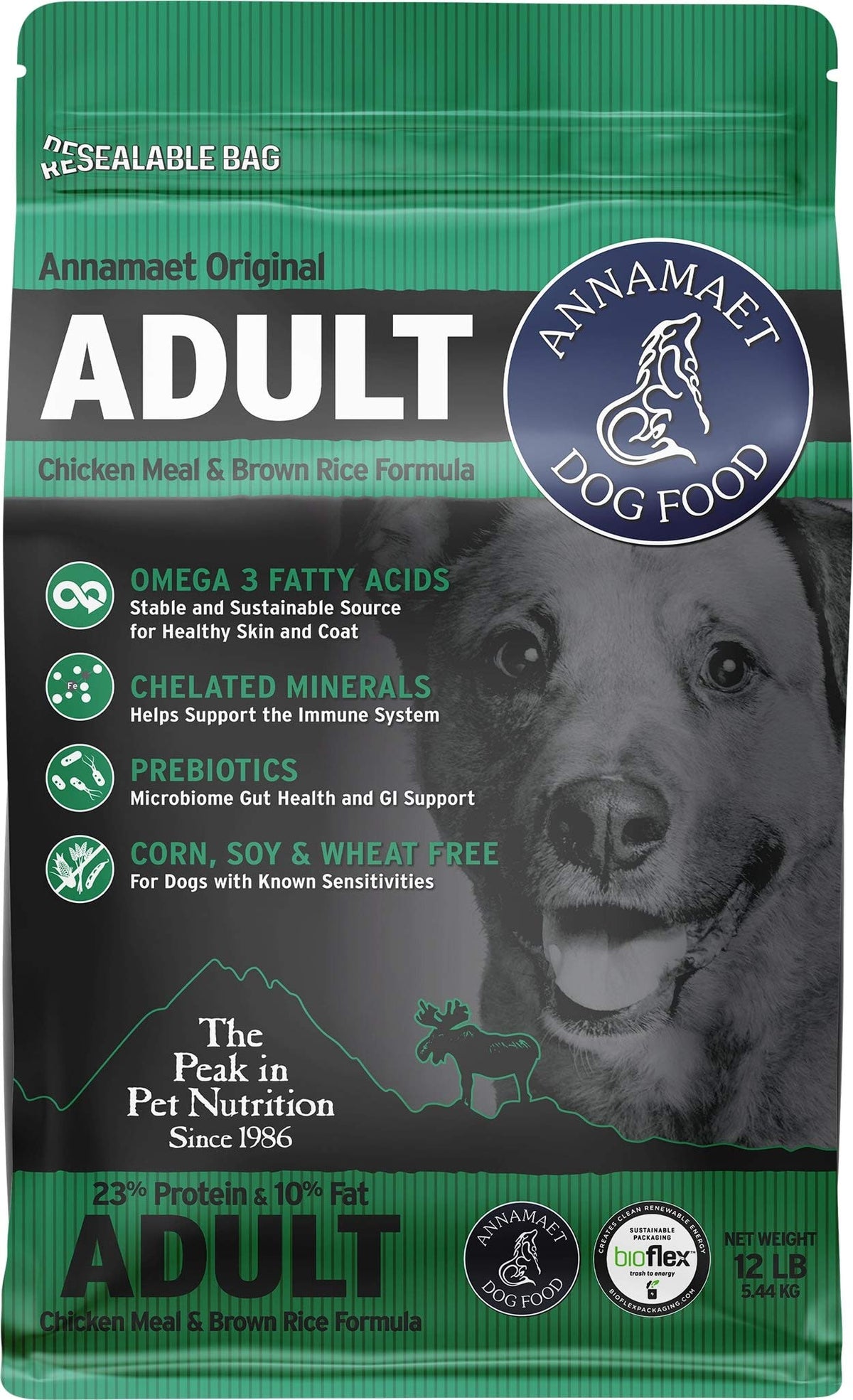 Annamaet Original Adult formula bag showing 12-lb packaging for home or kennel feeding