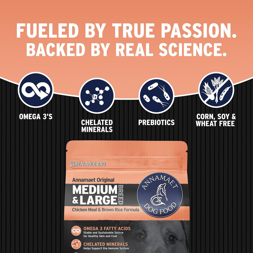 Annamaet Original Encore antibiotic-free chicken and fish ingredients showcase quality nutrition.