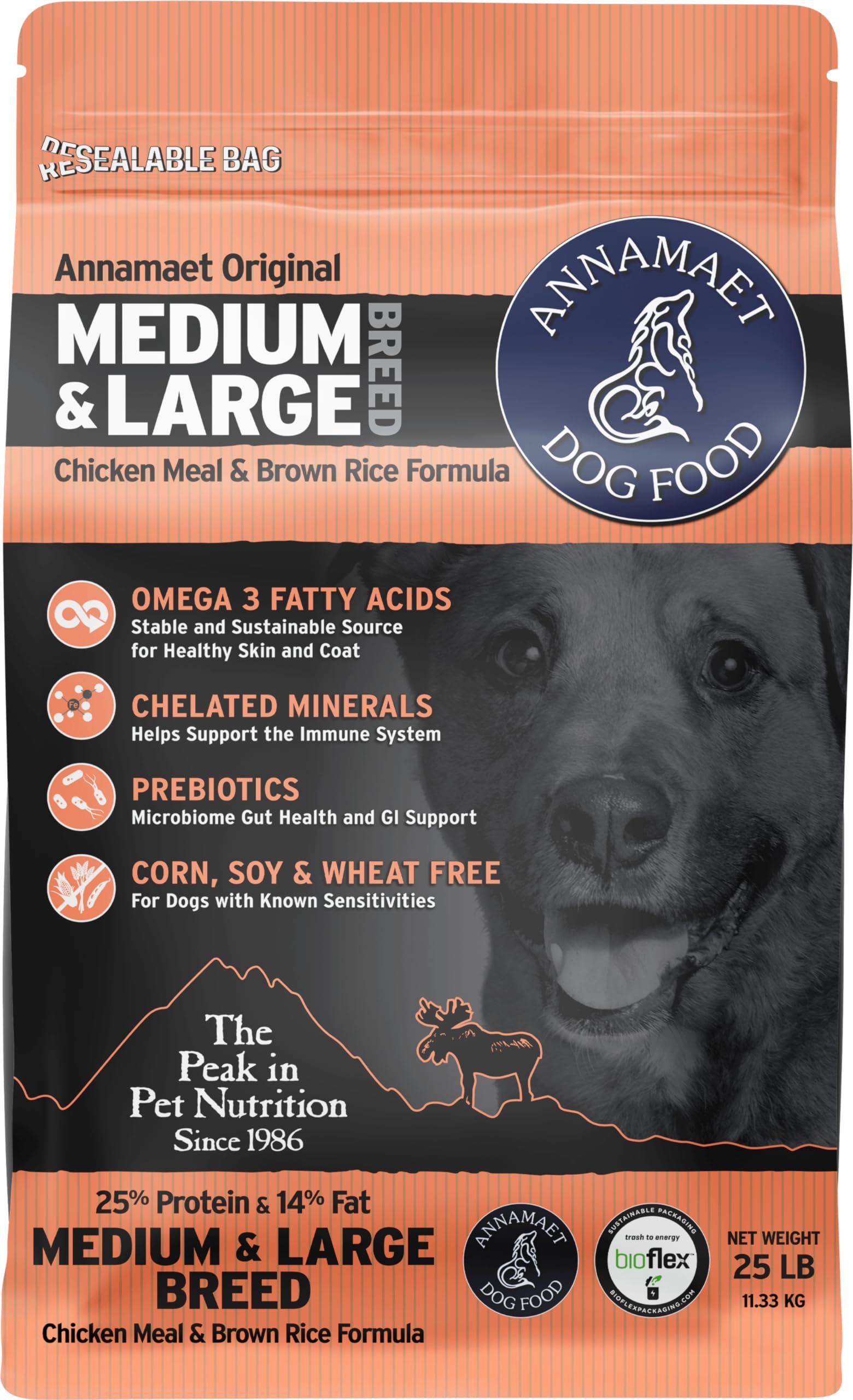 Annamaet Original Encore bag close-up highlighting premium packaging and protein-rich formula for active dogs