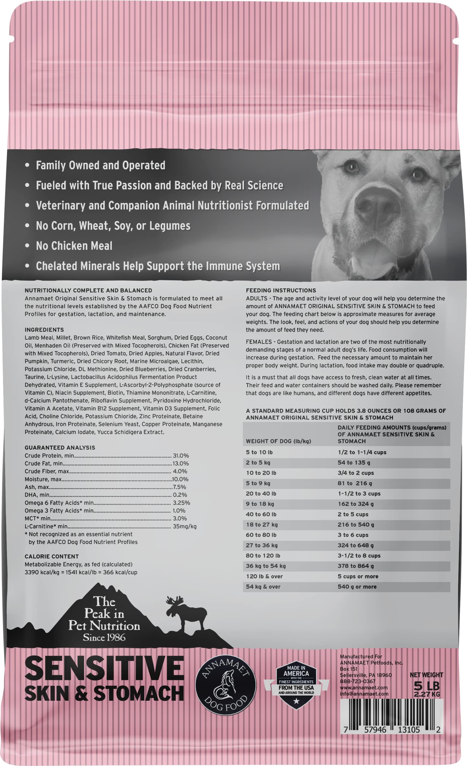 Annamaet Original kibble highlighting lamb, whitefish and millet protein sources in the recipe.