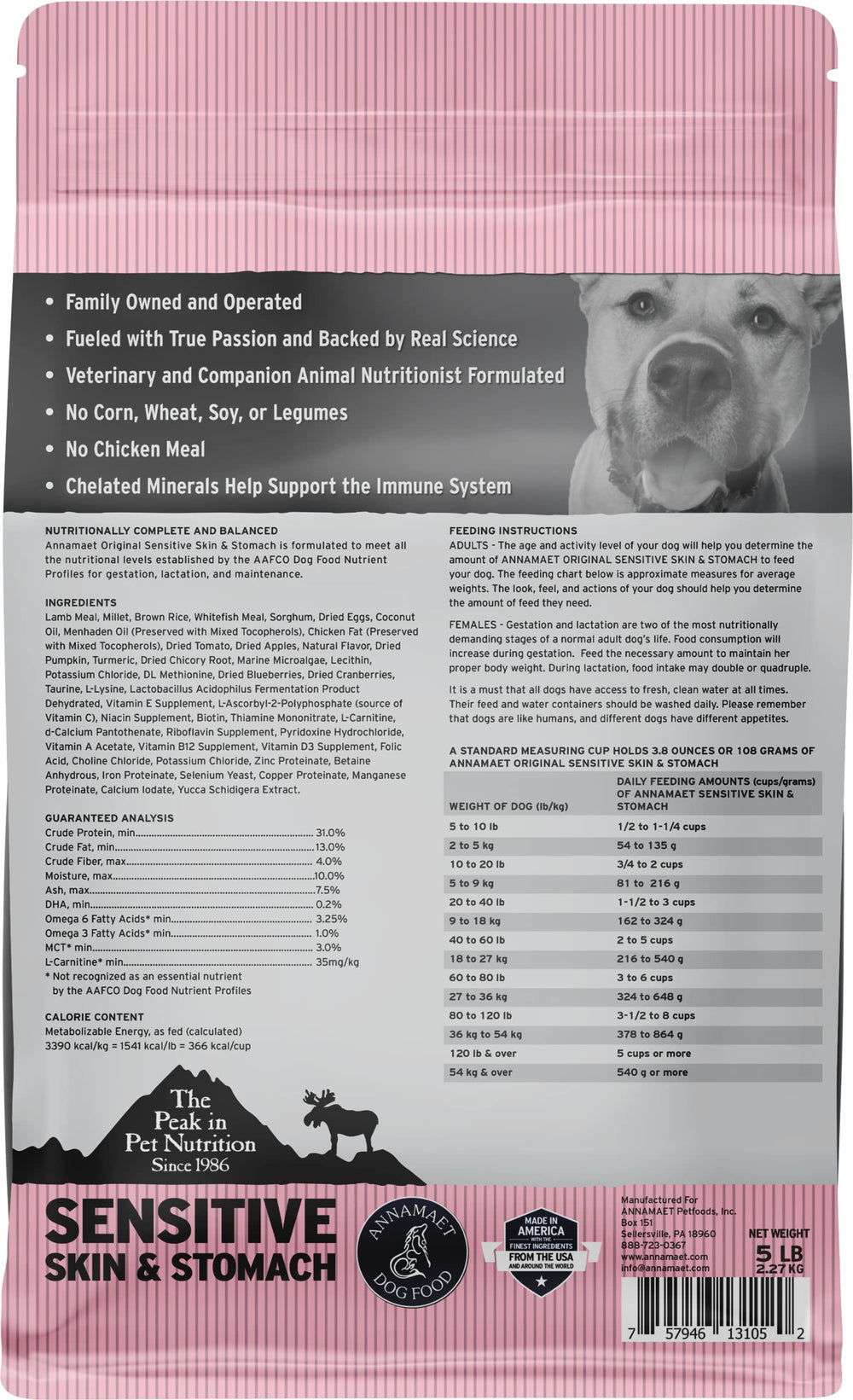 Annamaet Original kibble highlighting lamb, whitefish and millet protein sources in the recipe.