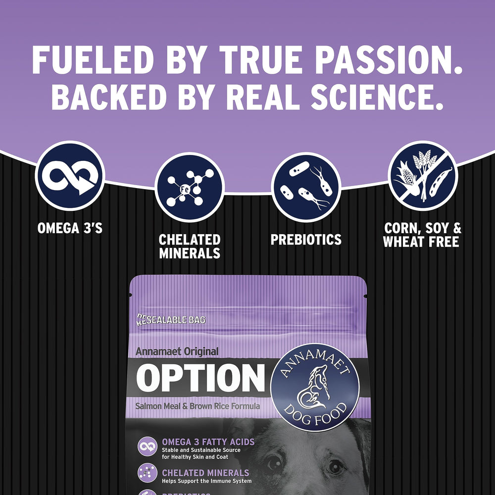 Annamaet Original Option corn-wheat-soy-free label—helps manage sensitive stomachs.