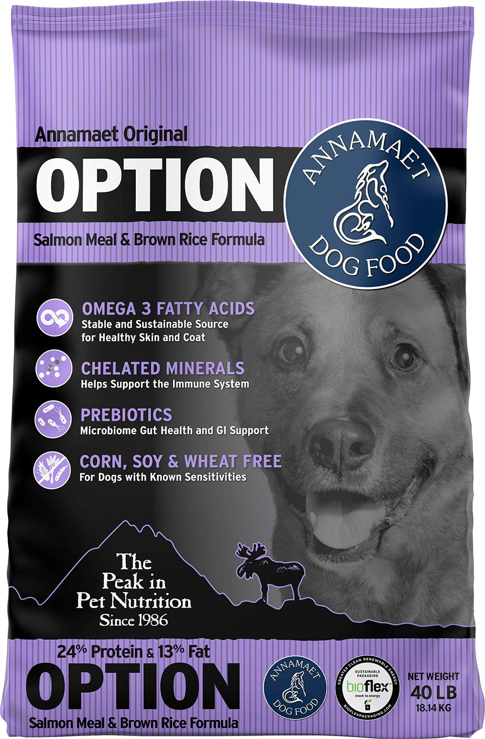 Annamaet Original Option salmon brown rice dry dog food bag—nutritious, allergen-friendly formula.