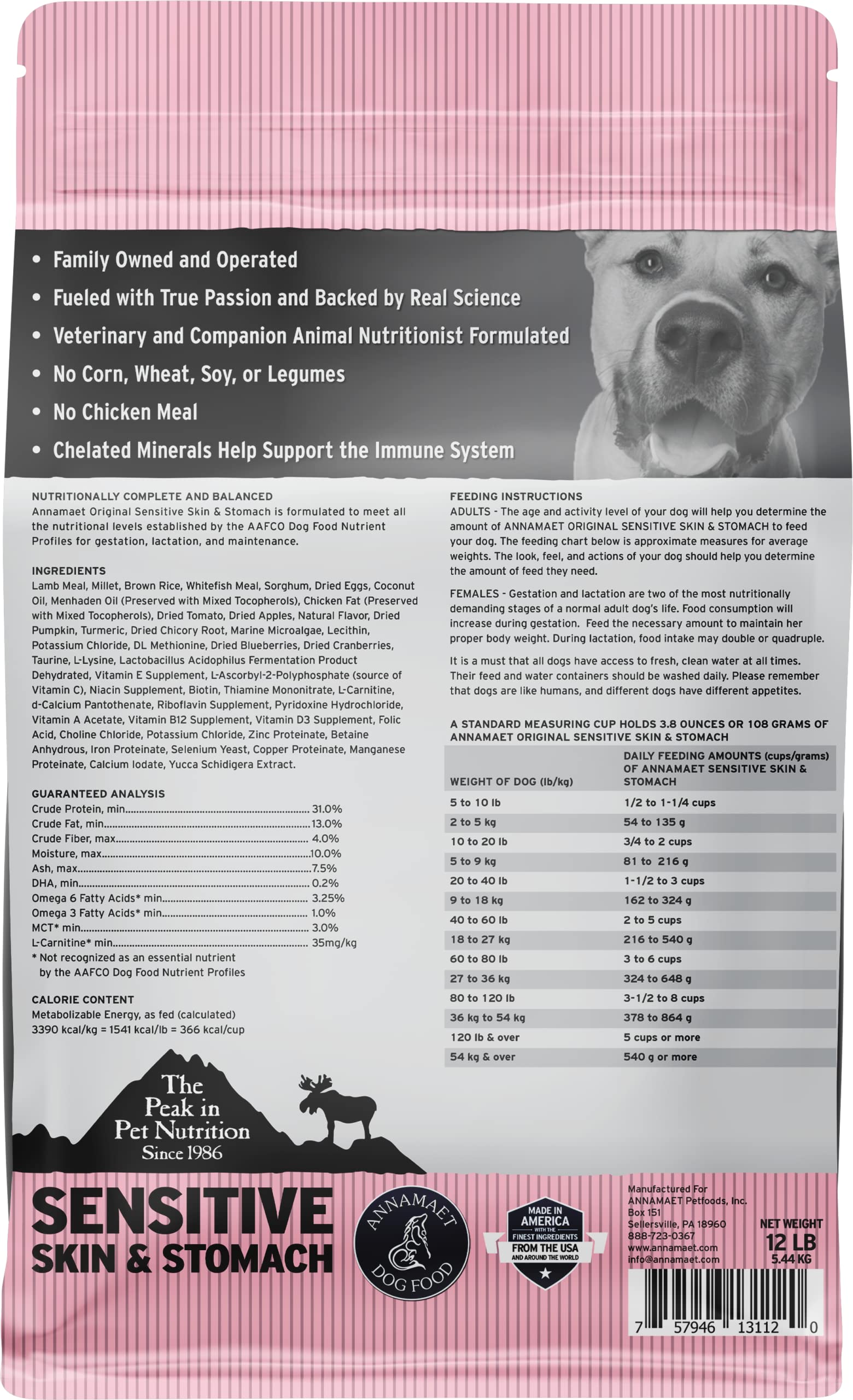 Annamaet Original protein sources lamb and whitefish provide balanced nutrition for sensitive stomachs.