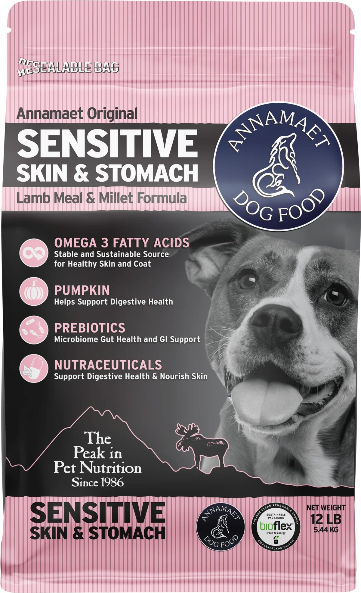Annamaet Original Sensitive Skin and Stomach dry dog food bag supports dogs at all life stages.