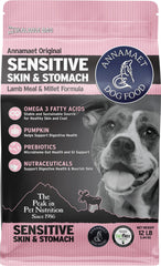 Annamaet Original Sensitive Skin and Stomach dry dog food bag supports dogs at all life stages.