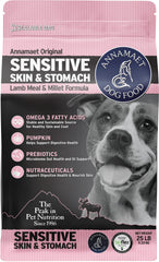 Annamaet Original Sensitive Skin & Stomach dog food bag with grain-friendly formula for digestion.