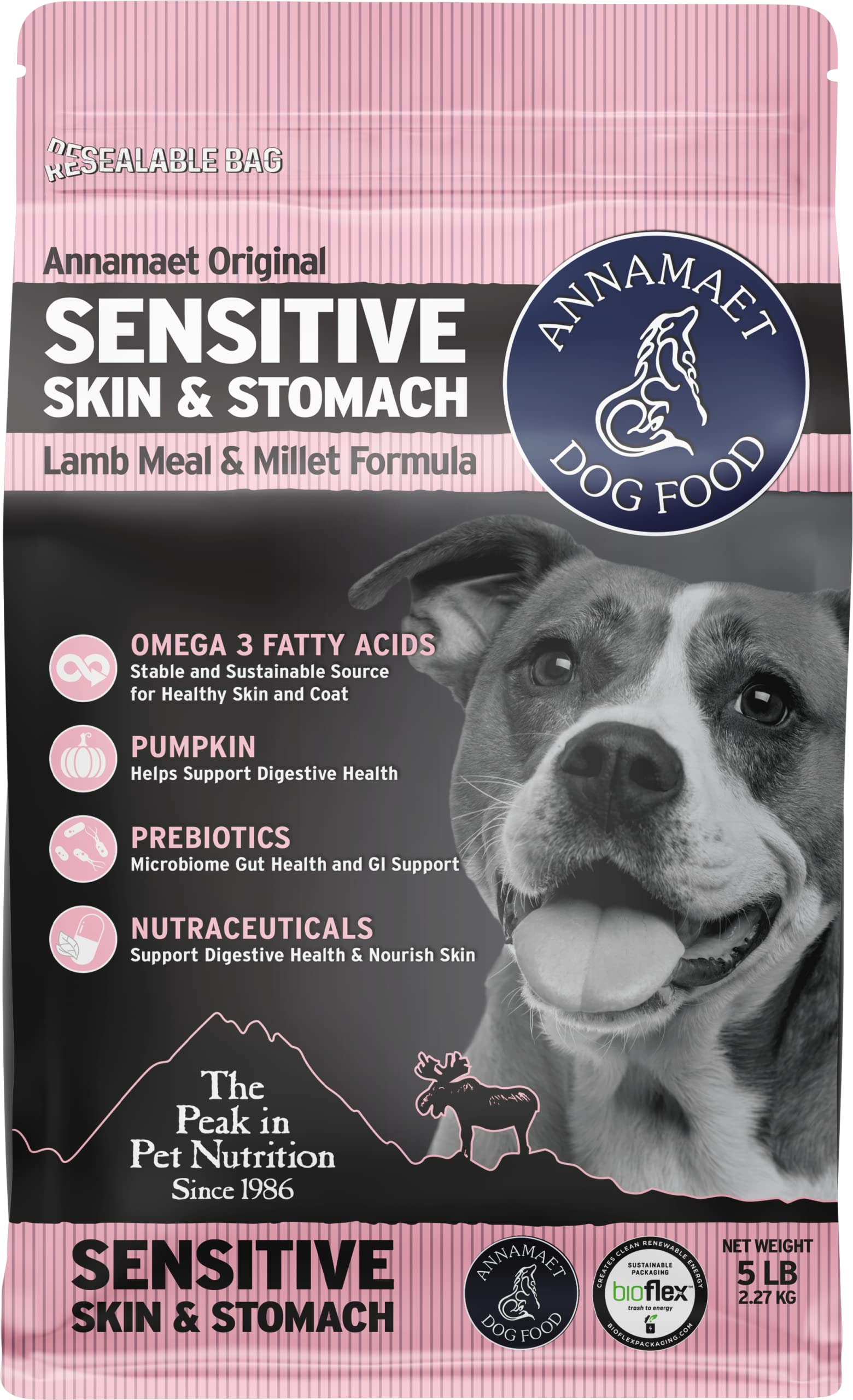 Annamaet Original Sensitive Skin & Stomach dry dog food bag showing grain-friendly formula for sensitive stomachs.
