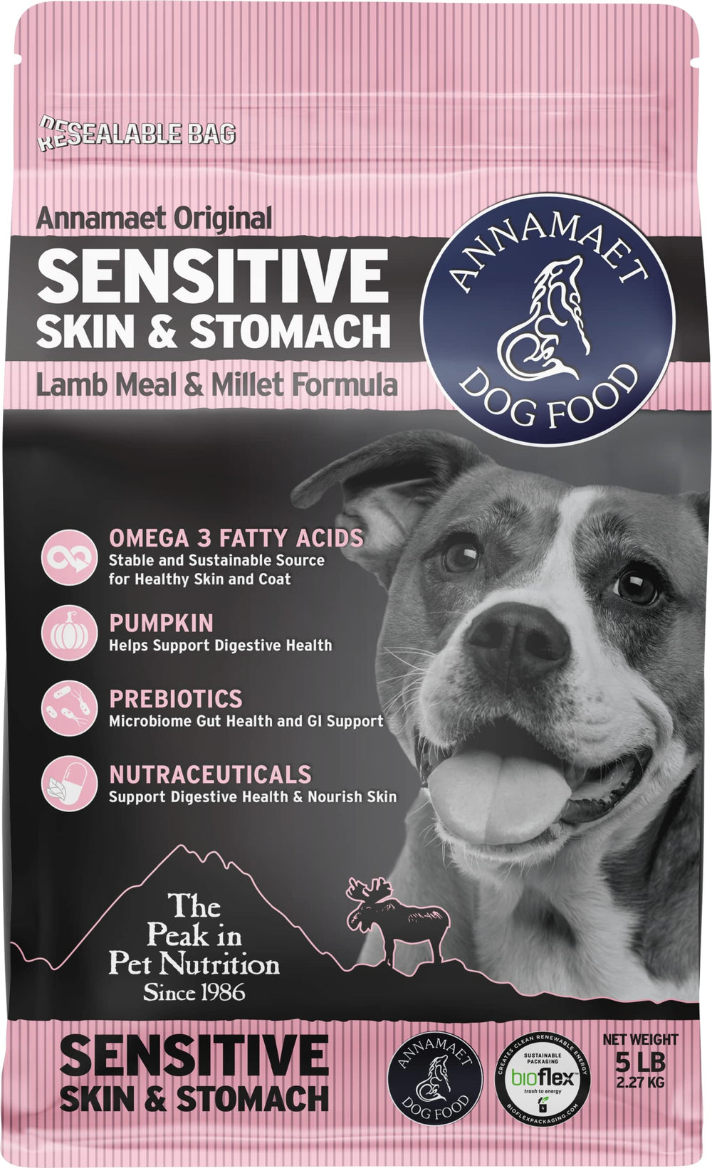 Annamaet Original Sensitive Skin & Stomach dry dog food bag showing grain-friendly formula for sensitive stomachs.