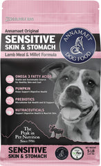 Annamaet Original Sensitive Skin & Stomach dry dog food bag showing grain-friendly formula for sensitive stomachs.
