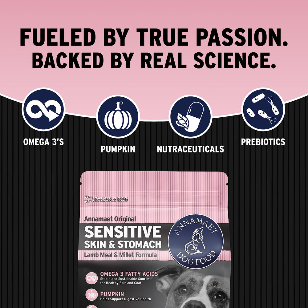 Close-up of Annamaet Original Sensitive Skin & Stomach kibble texture for grain-friendly nutrition.
