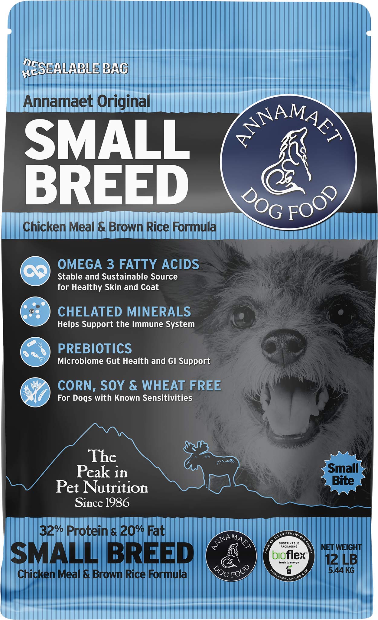 Annamaet Original Small Breed bag front highlighting premium nutrition for small dogs.