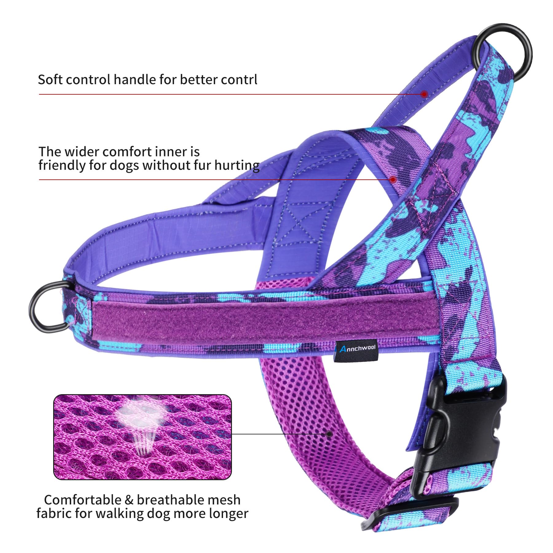 Annchwool camouflage purple harness sizes for small to large dogs.