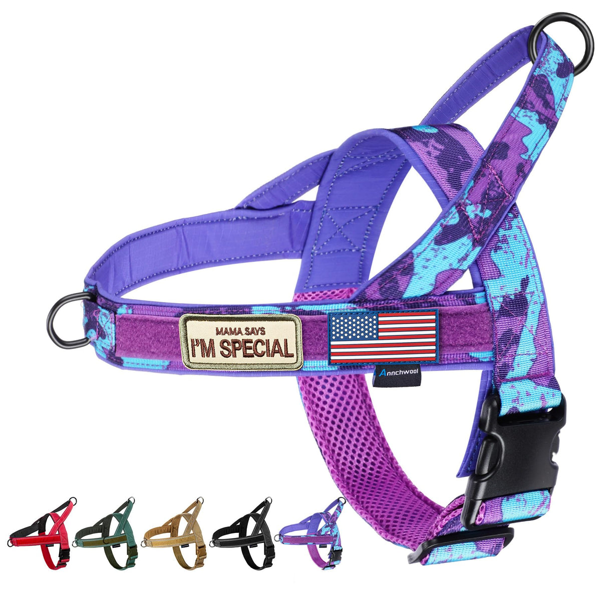 Annchwool No Pull Harness with front strap prevents pulling during walks.