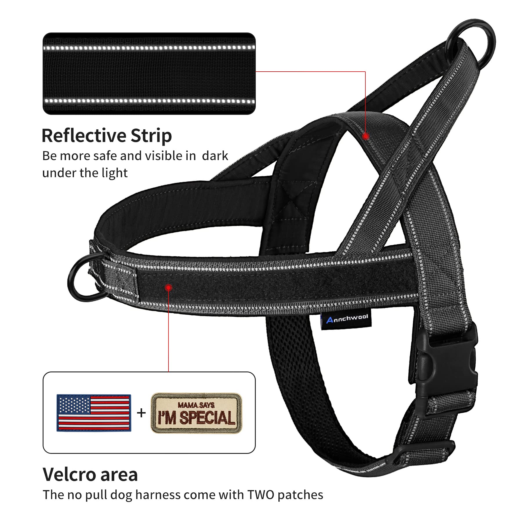 Annchwool No Pull Harness shows reflective strip for safer night walks