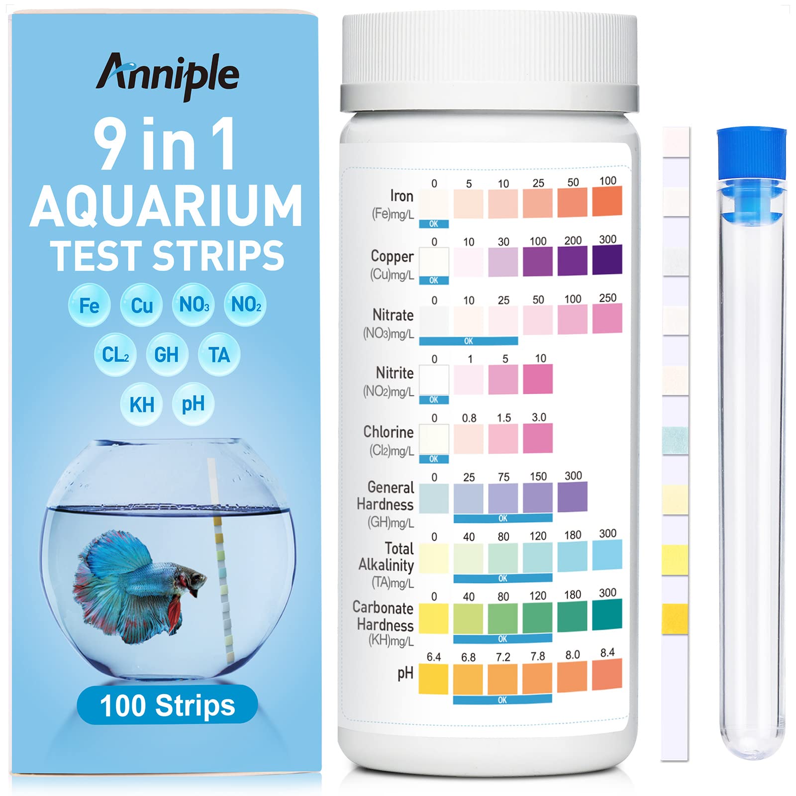 Anniple 9-in-1 aquarium test strips kit for all-in-one water testing.