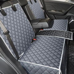 ANOSOSPECIAL Grey dog seat cover on back seat showing non-stick fur protection and easy cleanup.