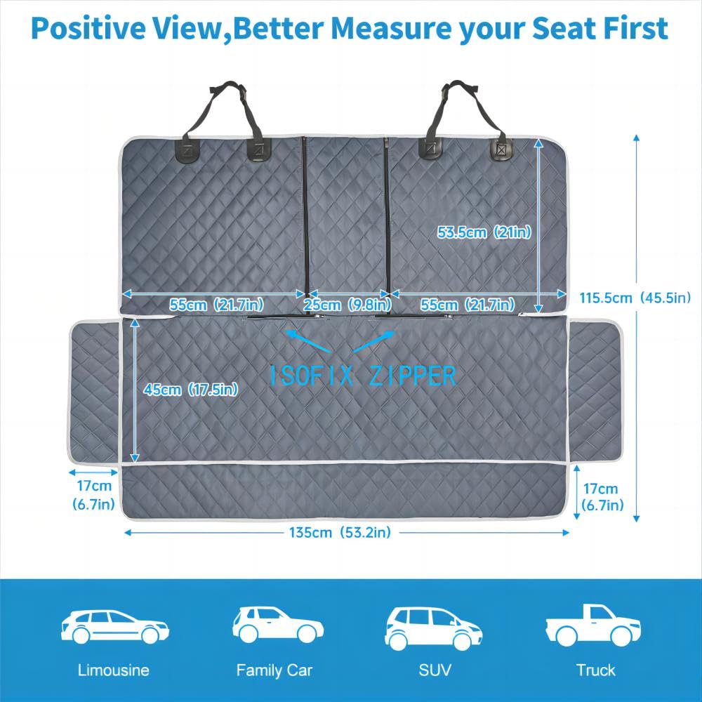 ANOSOSPECIAL Grey dog seat cover demonstrates waterproof fabric protecting the car interior from spills.