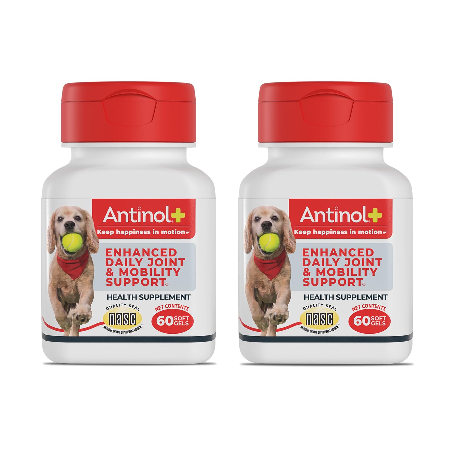 Antinol Plus dog joint soft gels bottle, convenient daily support for mobility.