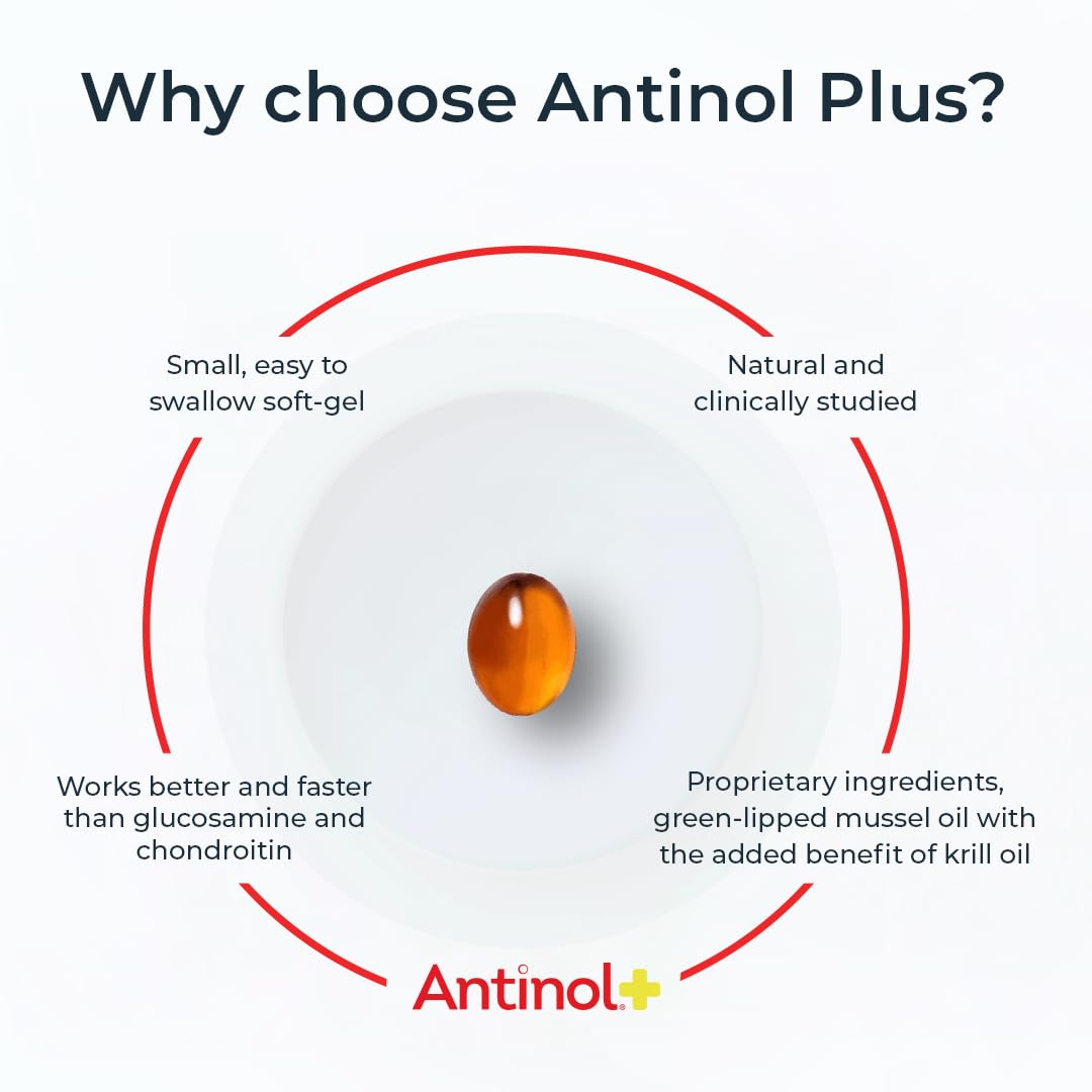 Antinol Plus green-lipped mussel krill oil blend bottle, omega-3 support for joints.
