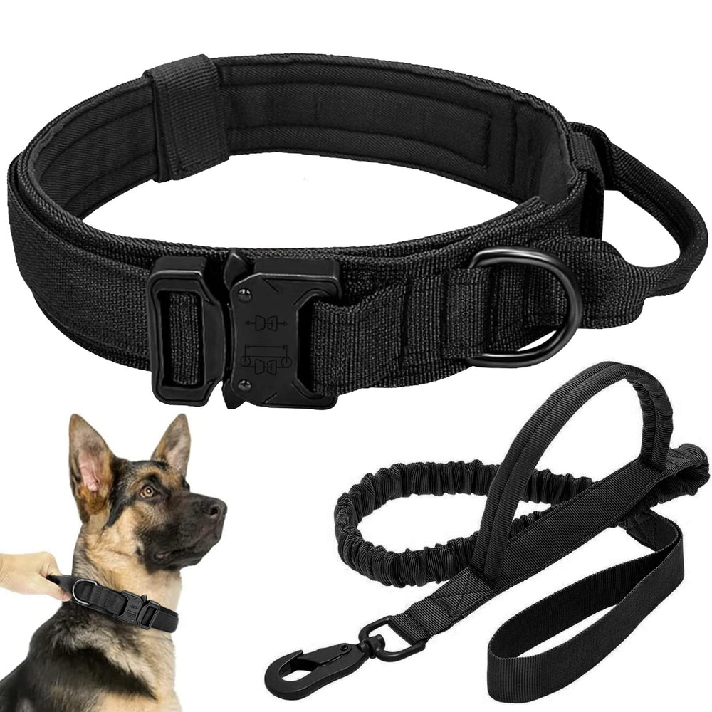 Antswish tactical dog collar and leash set, front view in black, built for durable training.