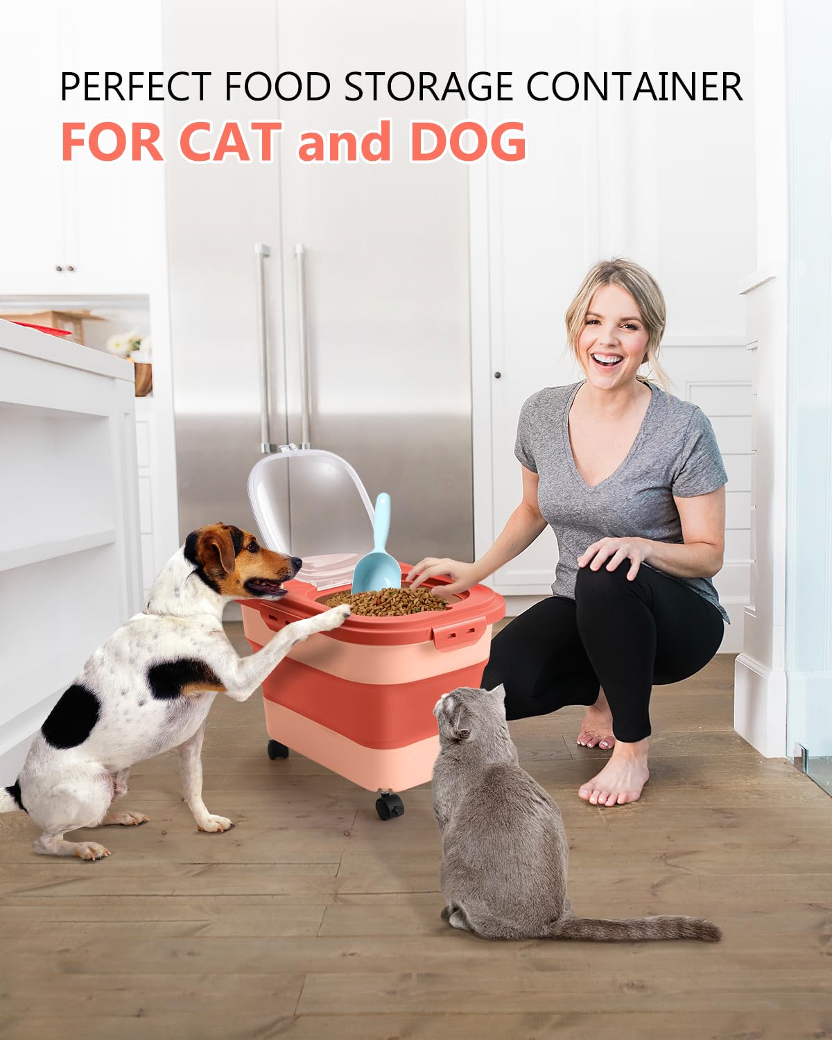 ANVS dog food storage container with casters for easy movement around the kitchen.