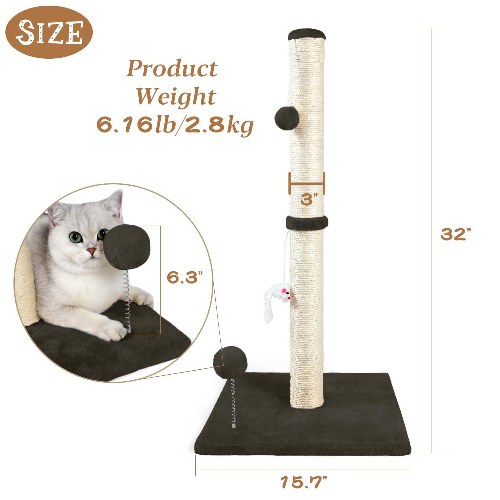 ANWA 32-inch sisal scratching post middle mouse toy encourages climbing and paw swatting.