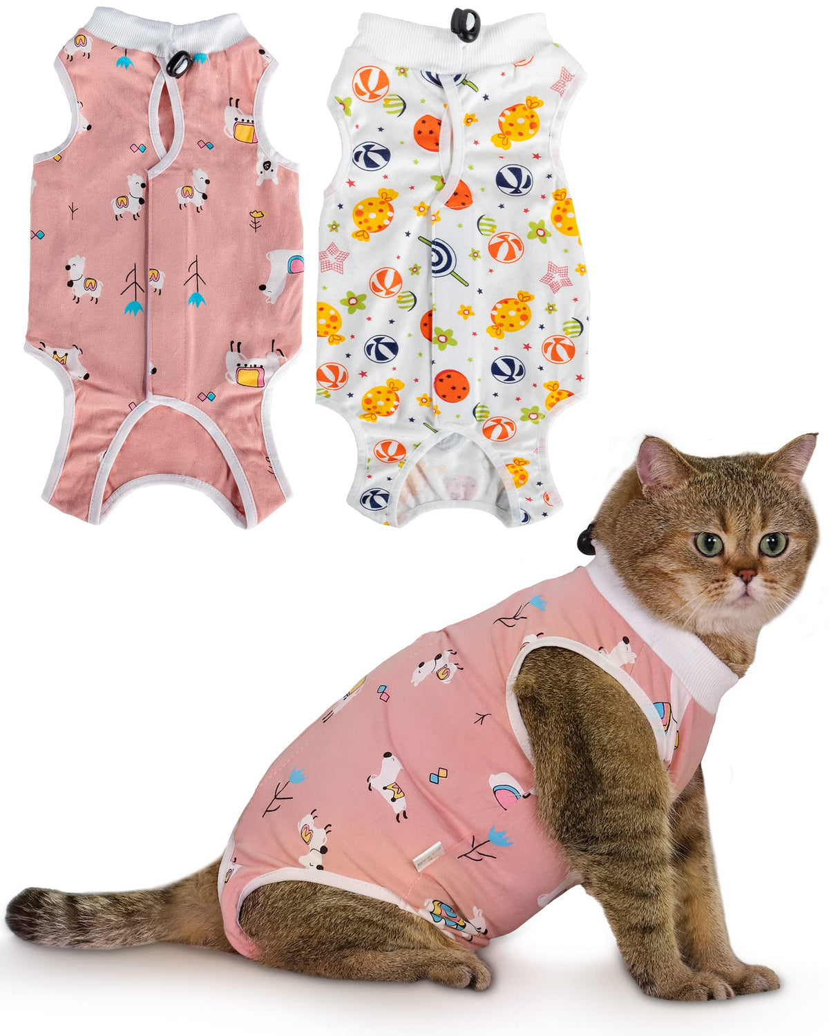 ANWA cat recovery suit neck elastic shows secure fit for post‑op protection.