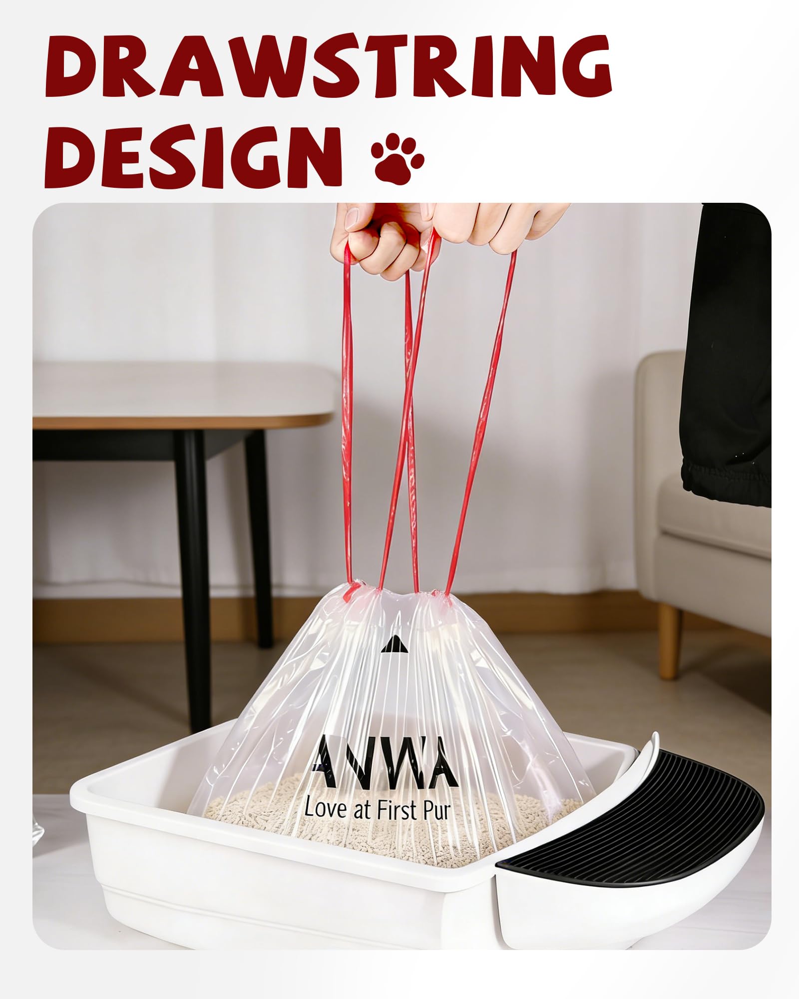 ANWA drawstring design seals odors and prevents spills during disposal