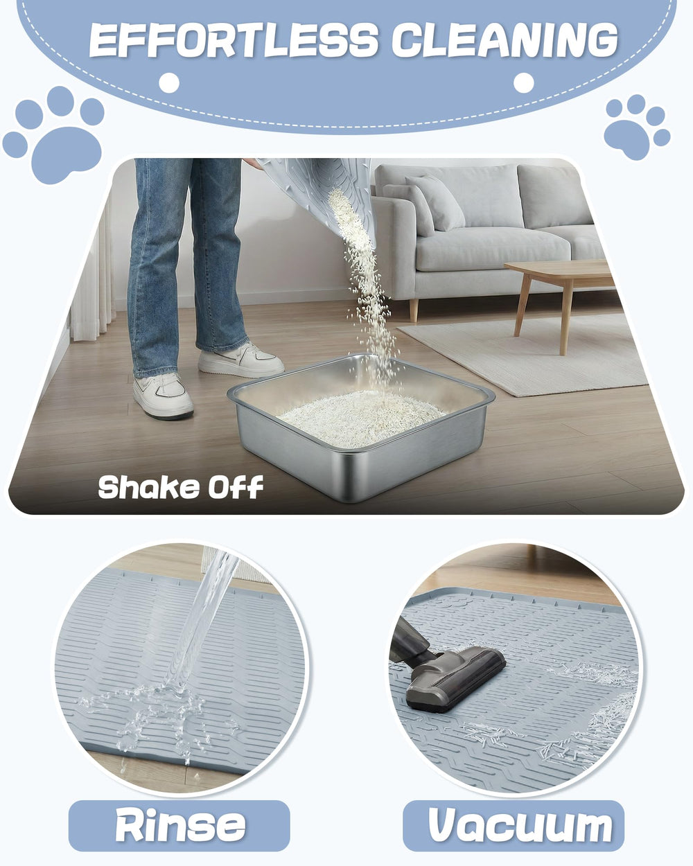 ANWA easy-cleaning mat shown with shake-and-rinse routine.