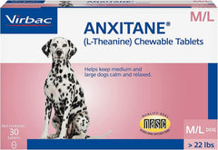Anxitane M L chewable tablets calm dogs and cats during travel and thunderstorms.