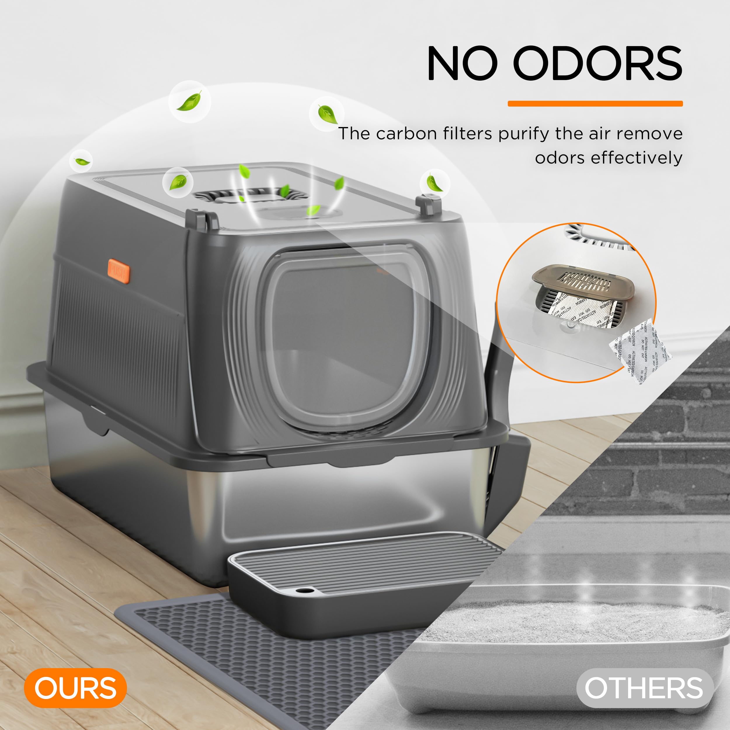 Anywish enclosed litter box with carbon filters helps minimize odors at home.