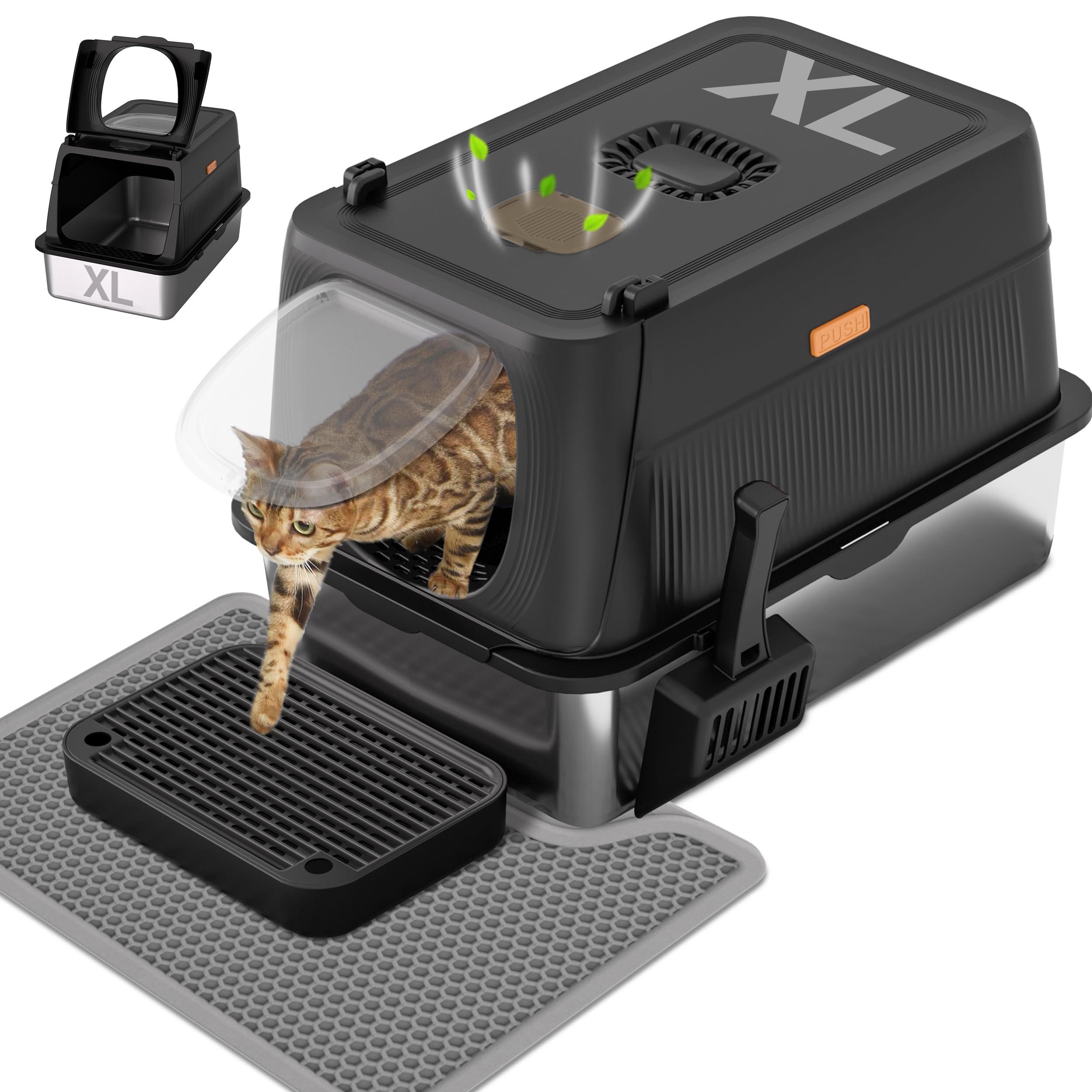 Anywish stainless steel litter box with lid, top view, emphasizes odor control and easy maintenance.