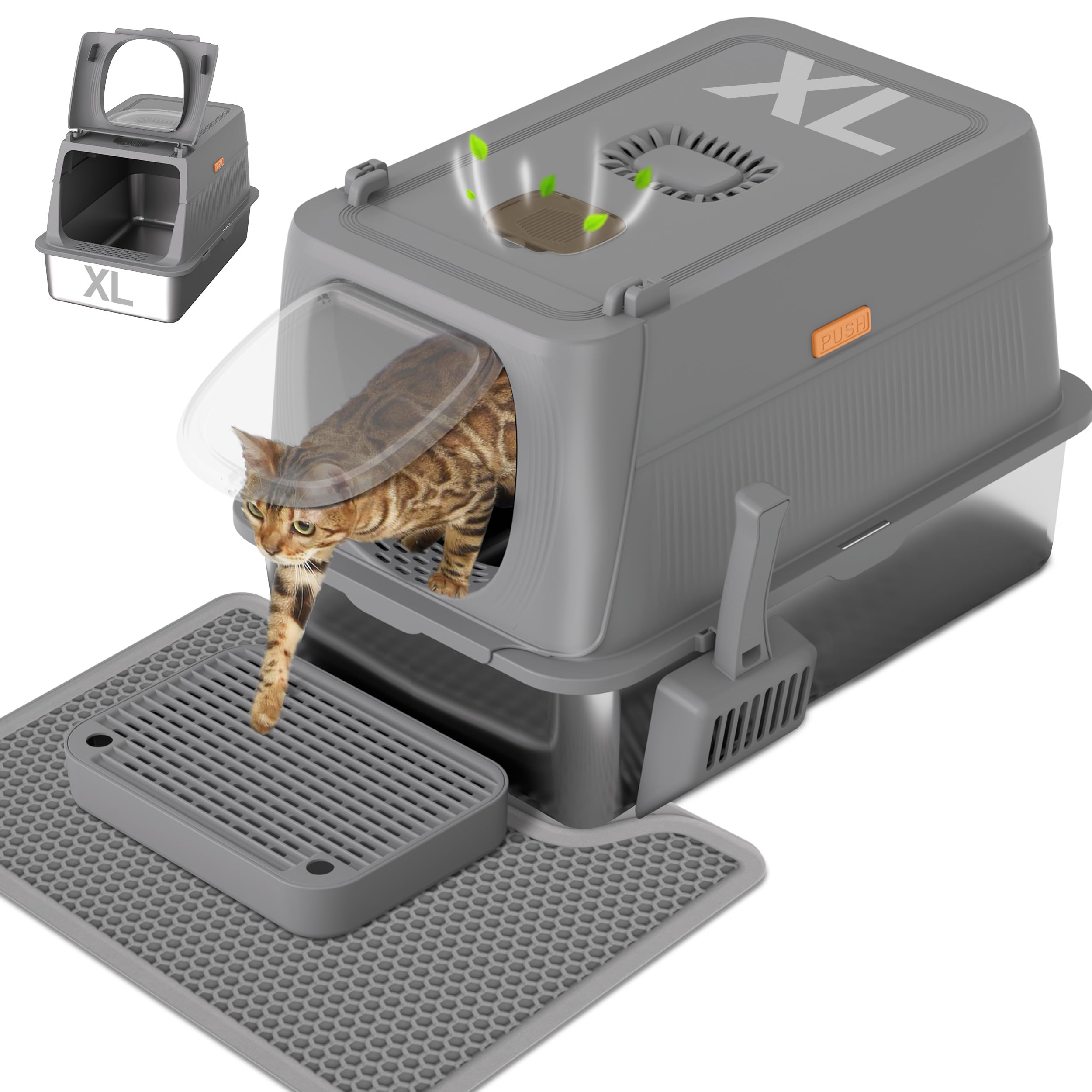 Anywish XL stainless steel cat litter box with lid for large cats, spacious and comfortable.