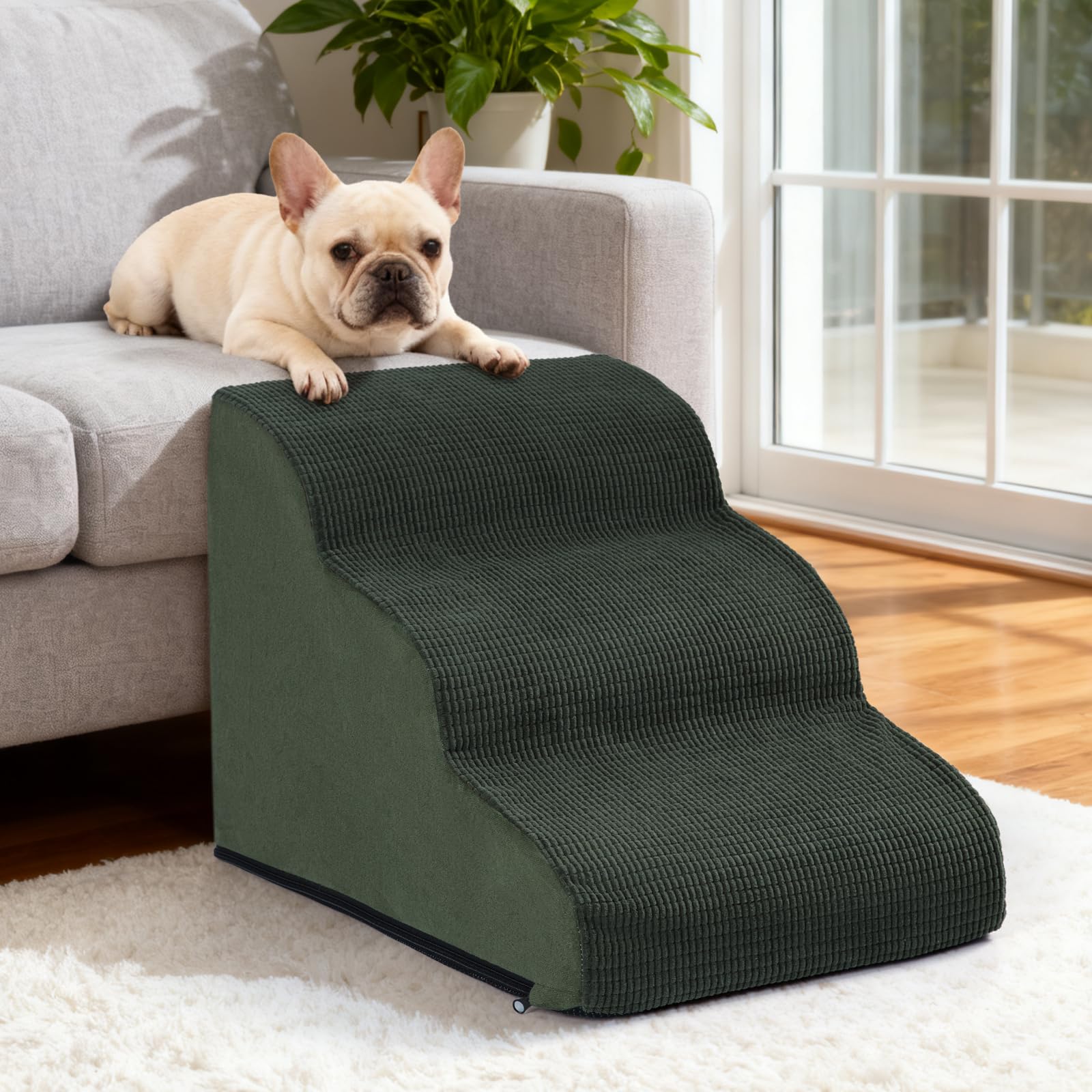 Aodisman 3-step sofa-height stairs help small dogs reach the couch.
