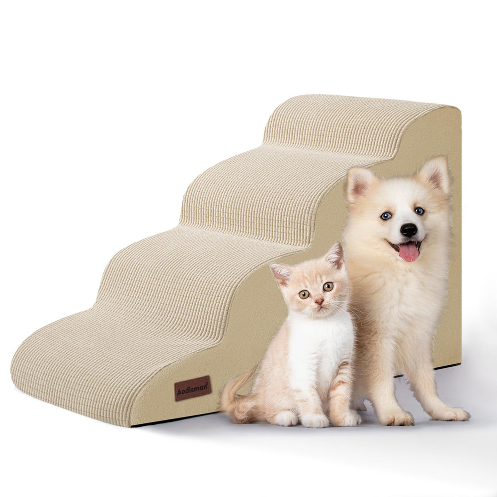Aodisman 4-step dog stairs by the bed offer easy access for small dogs and cats.