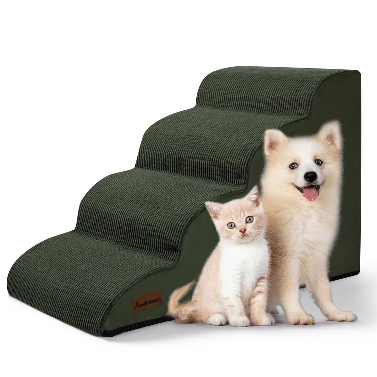 Aodisman 4-step dog stairs placed at bed edge for easy access.