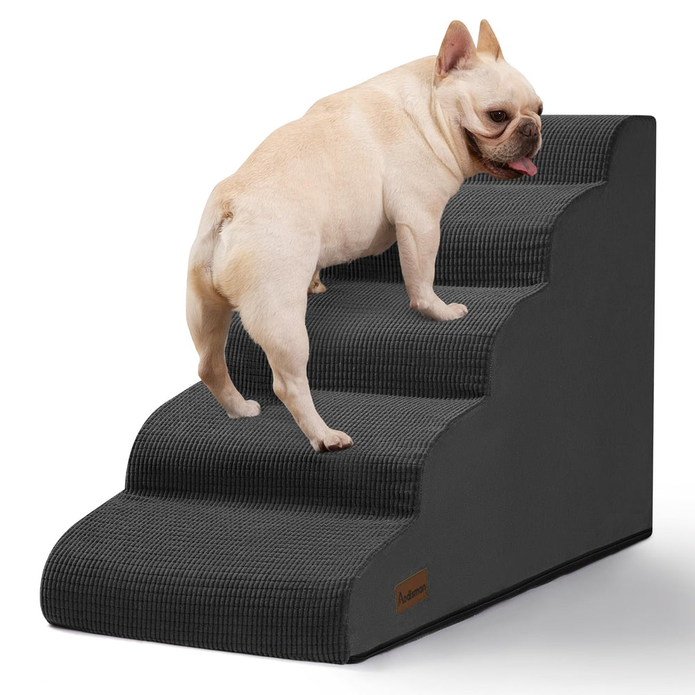 Aodisman 5-step dog stairs beside the bed edge for easy access.