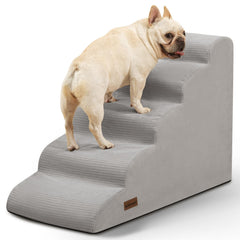 Aodisman 5 Step Dog Stairs at the bed edge to improve easy access for small pets.