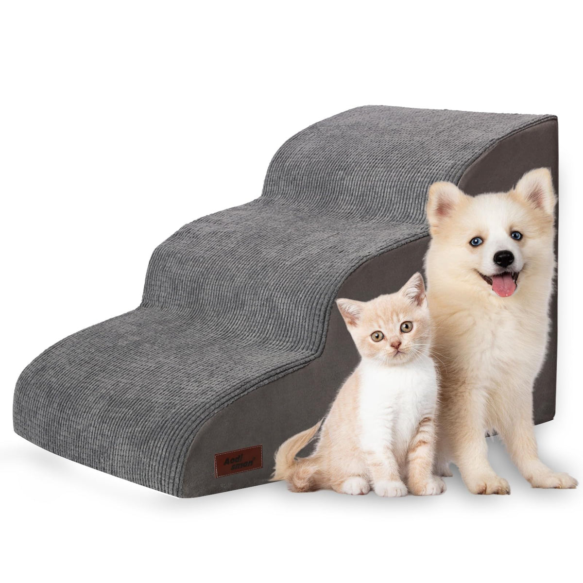 Aodisman dog ramp stairs in grey, side view, aiding small dogs to reach the sofa safely.